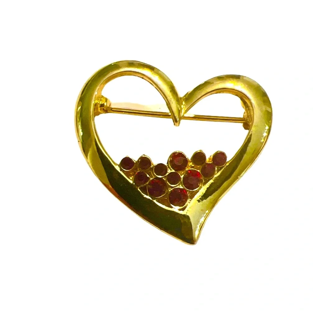 1980’s Vintage Gold Heart Brooch with Red Faux‎ Ruby Stones, 1.25”, Valentines